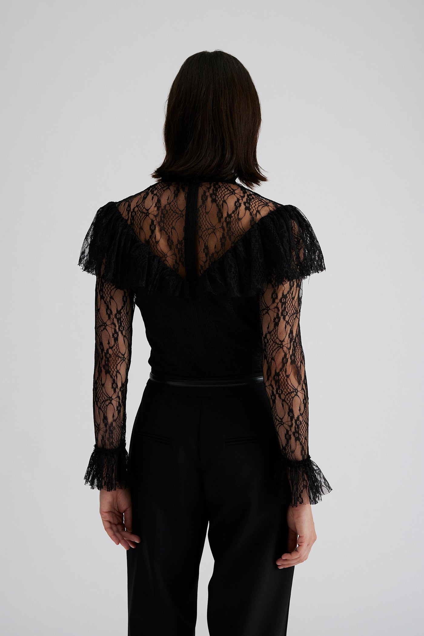 By Malina Joelle Polo Neck Lace Top Black