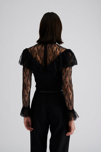 By Malina Joelle Polo Neck Lace Top Black