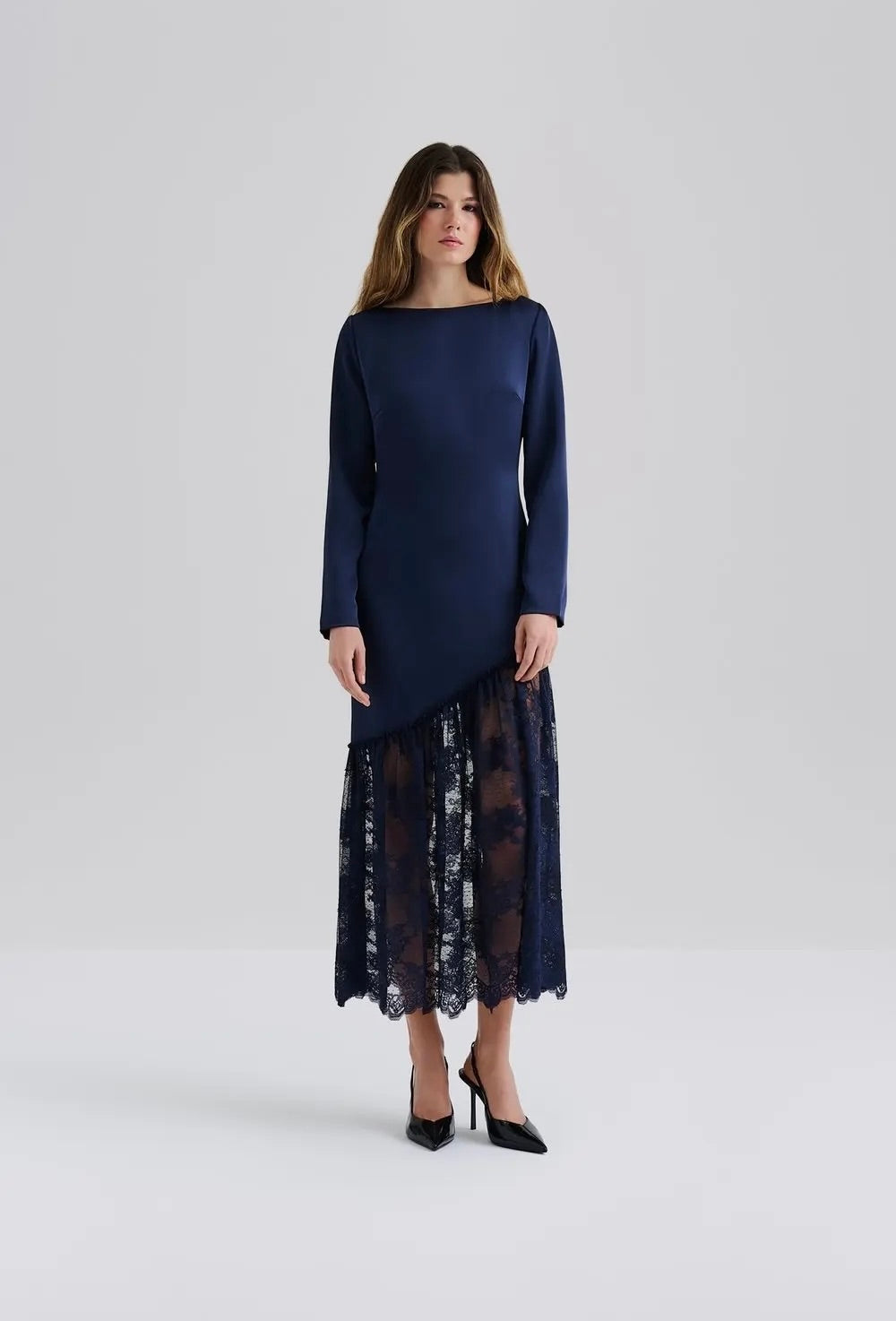 Malina Suki Diagonal Cut Lace Midi Dress Dark Blue