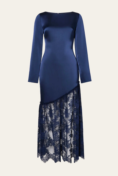Malina Suki Diagonal Cut Lace Midi Dress Dark Blue