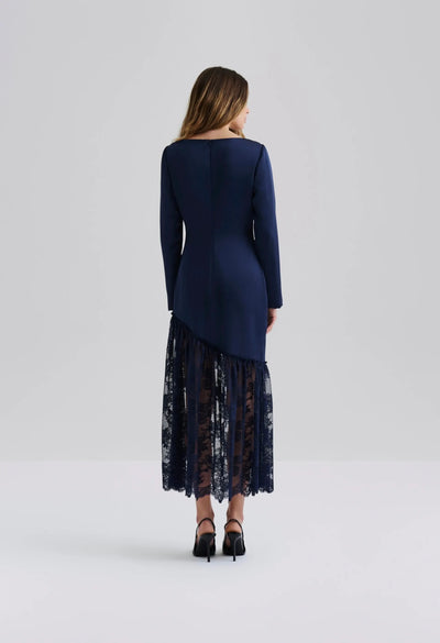 Malina Suki Diagonal Cut Lace Midi Dress Dark Blue