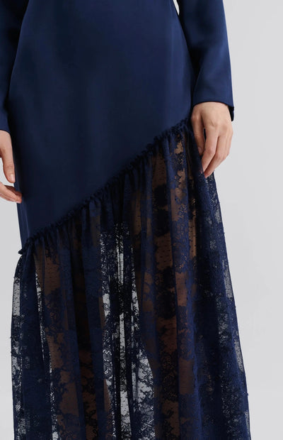 Malina Suki Diagonal Cut Lace Midi Dress Dark Blue