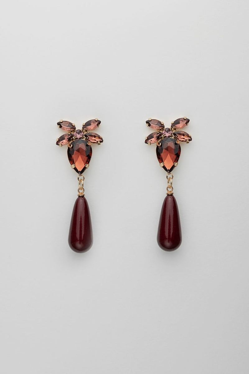 Bow 19 Stone Drop Earrings Burgundy