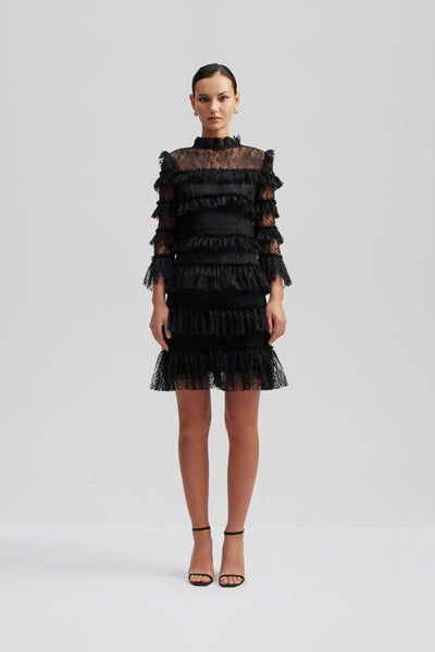 By Malina Carmine Frill Mini Lace Dress Black