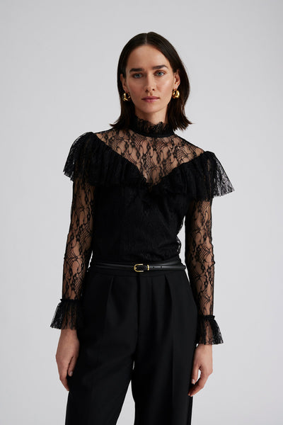 By Malina Joelle Polo Neck Lace Top Black