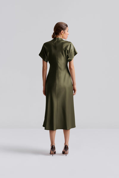 Malina Alivia Short Sleeve Satin Midi Dress Olive