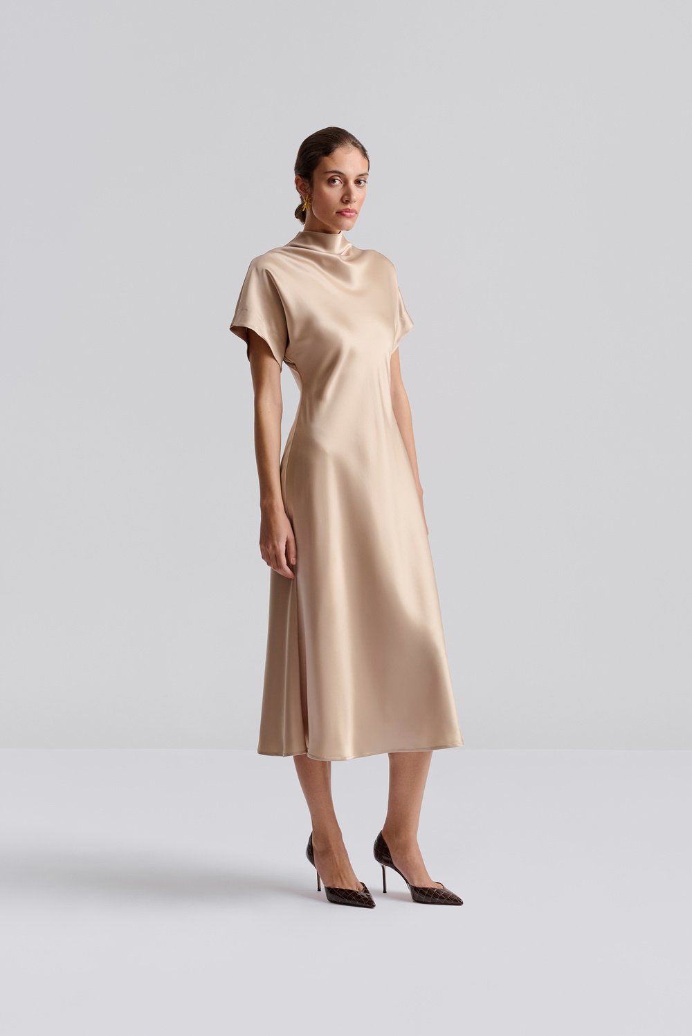 Malina Alivia Short Sleeve Satin Midi Dress Beige