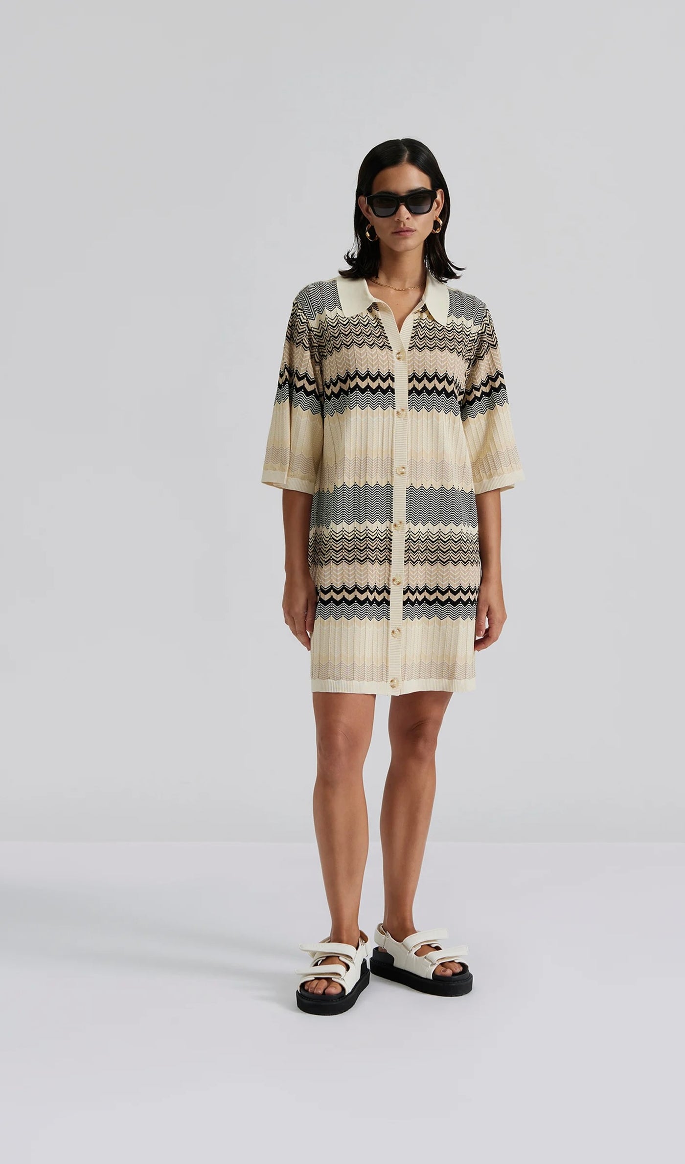 Malina Kim Knitted Mini Dress Beige Multi