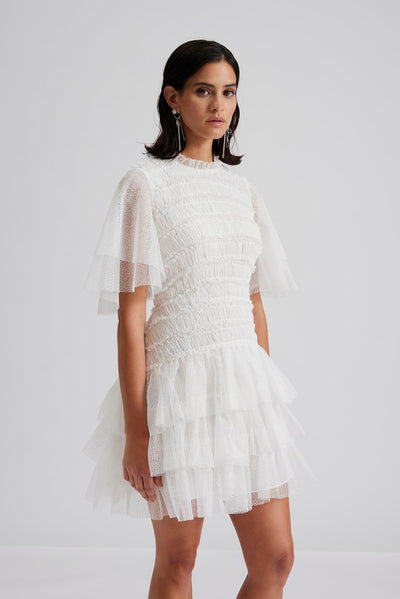 Malina Minnie short sleeve lace mini dress white